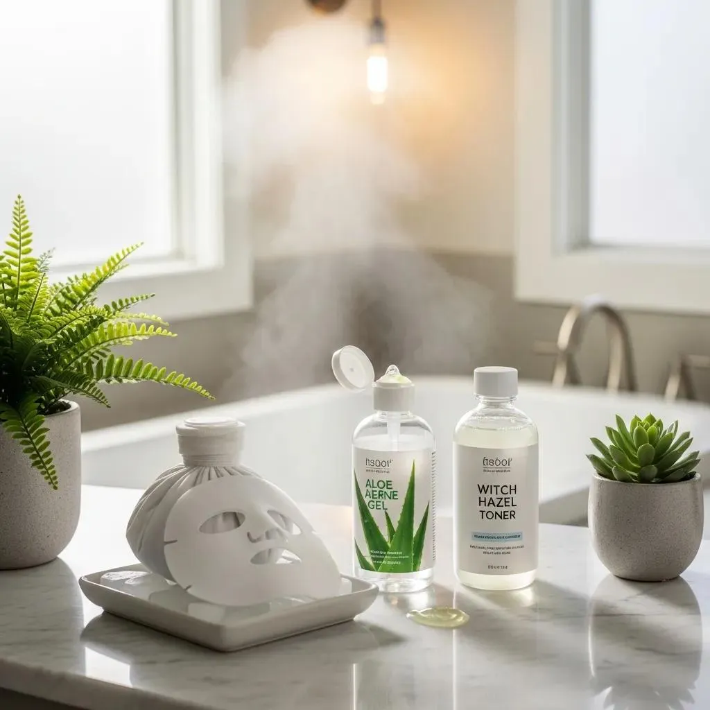 A calming set of aftercare skincare: aloe vera gel and alcohol-free witch hazel on a bathroom shelf